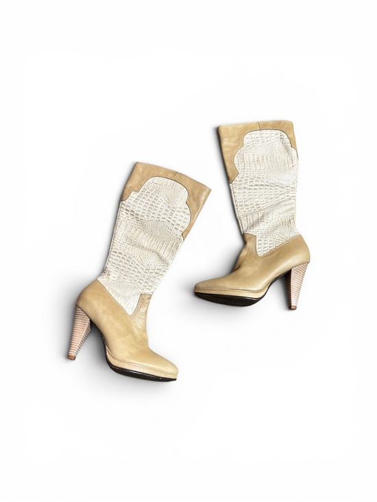 Vintage Shoes - Vintage Y2K NOS Beige Van Greg Crocodile Embossed Leather Knee High Boots 7 7.5
